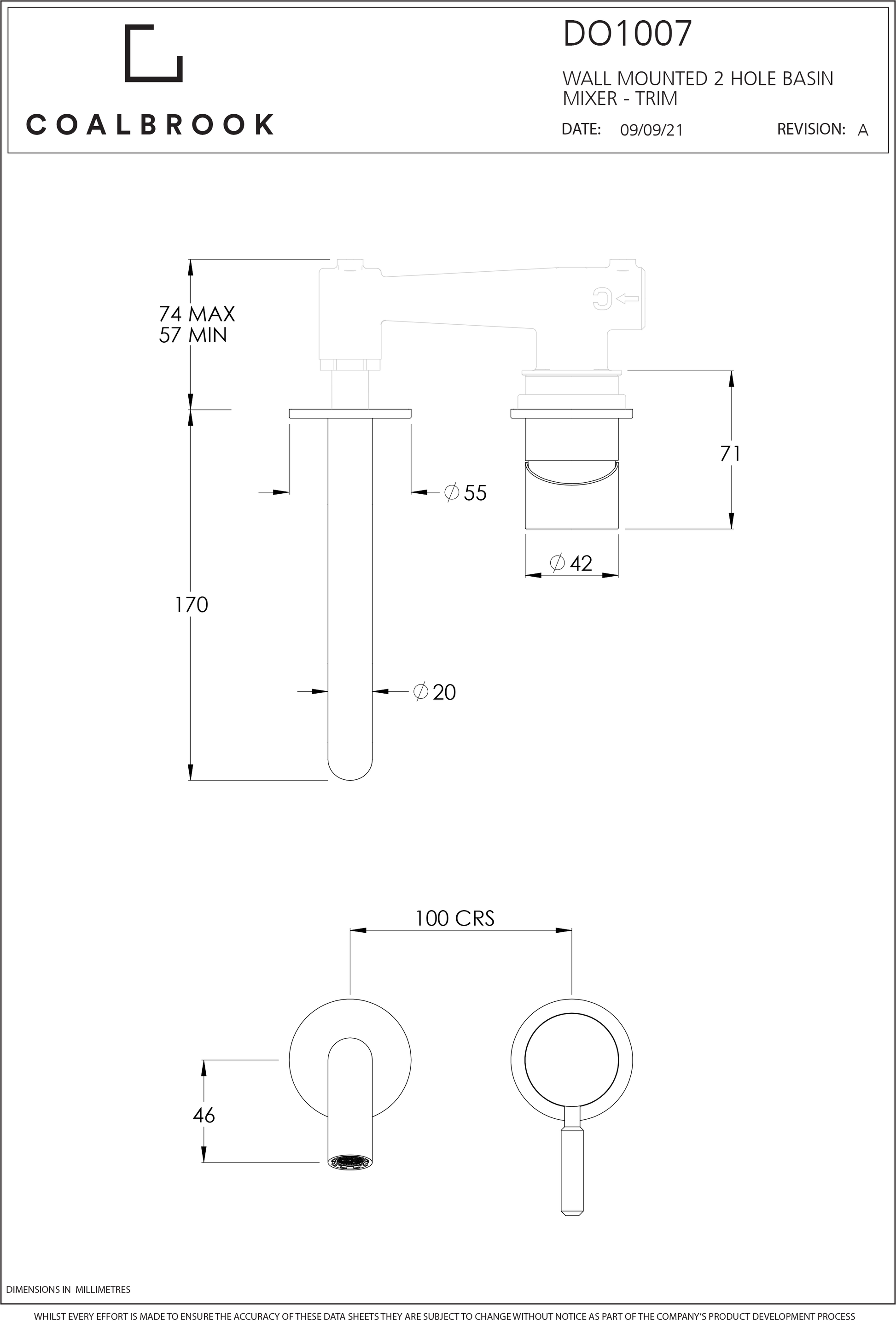 Coalbook Domo 2TH Wall Mounted Basin Mixer DO1007 drawing