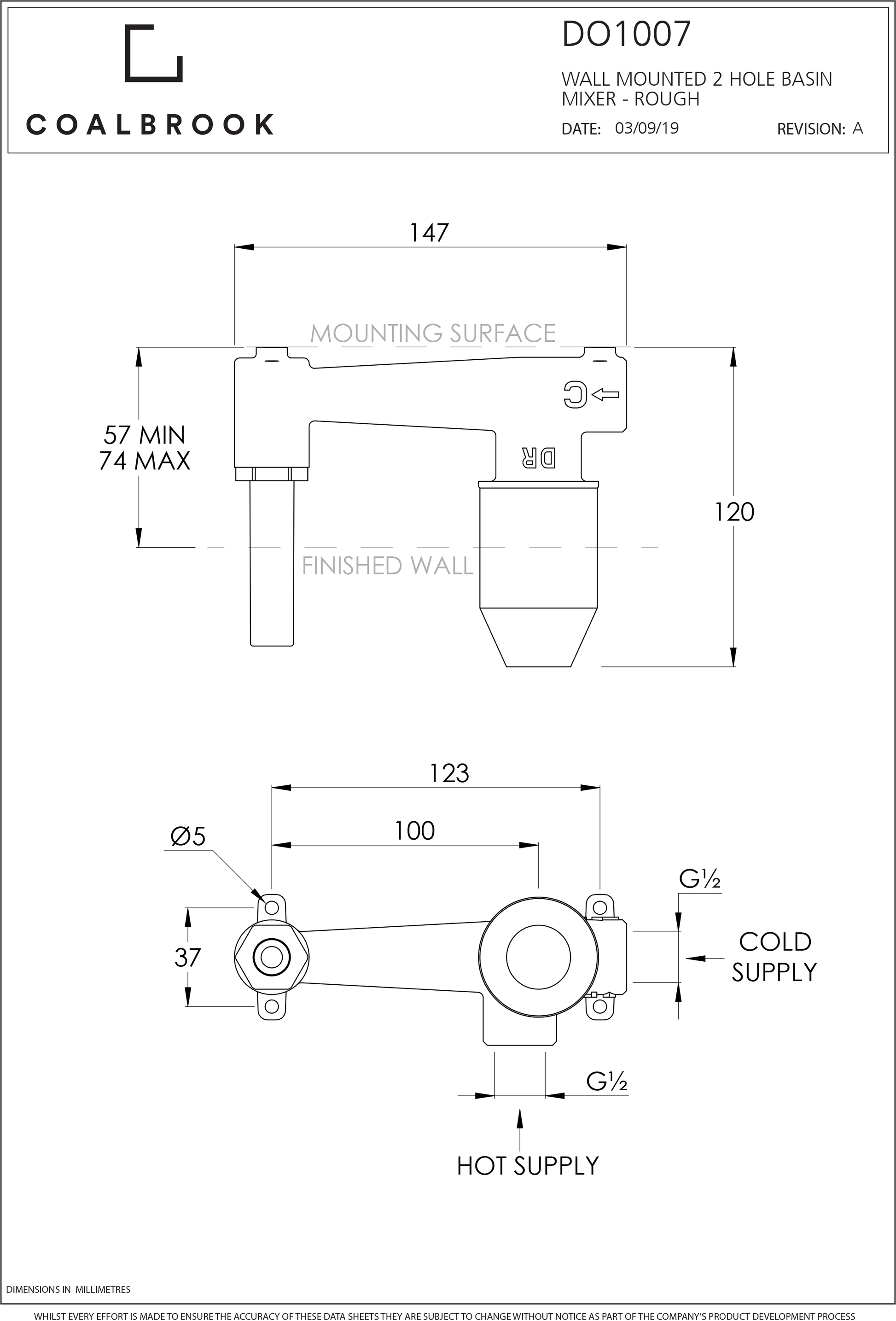 Coalbook Domo 2TH Wall Mounted Basin Mixer DO1007 drawing