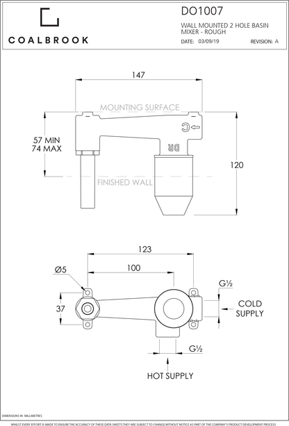 Coalbook Domo 2TH Wall Mounted Basin Mixer DO1007 drawing