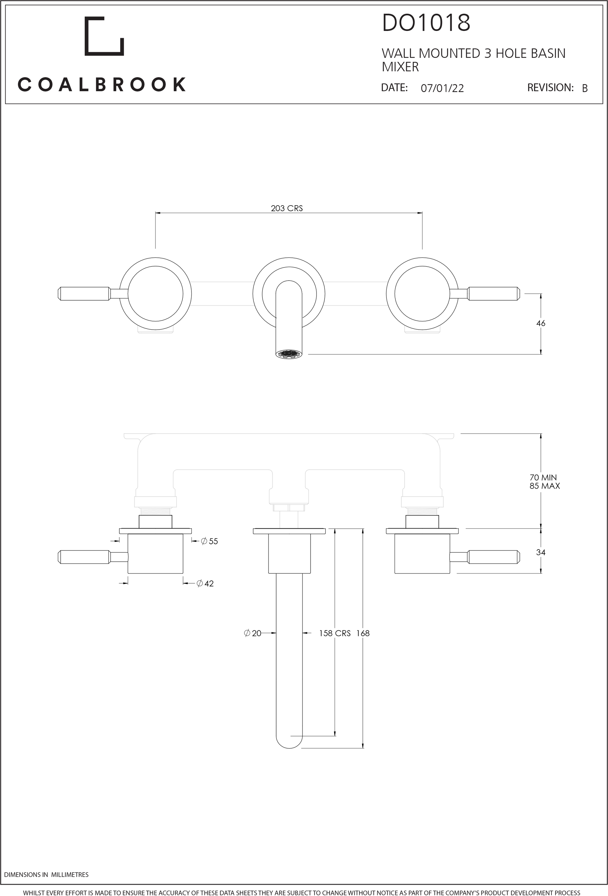 Coalbook Domo 3TH Wall Mounted Basin Mixer with Boss  (165mm Spout) DO1018 drawing