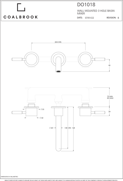 Coalbook Domo 3TH Wall Mounted Basin Mixer with Boss  (165mm Spout) DO1018 drawing