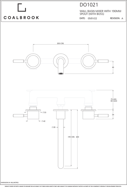 Coalbook Domo 3TH Wall Mounted Basin Mixer with Boss  (190mm Spout) DO1021 drawing