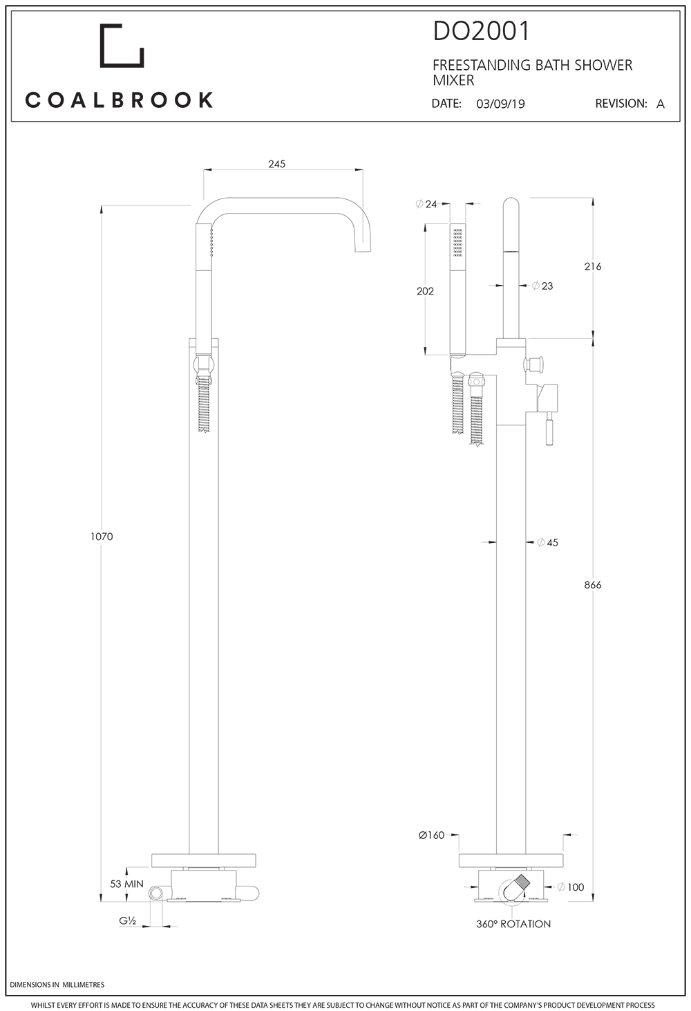 Coalbook Decca Freestanding Bath Shower Mixer - Includes Rough DO2001 drawing