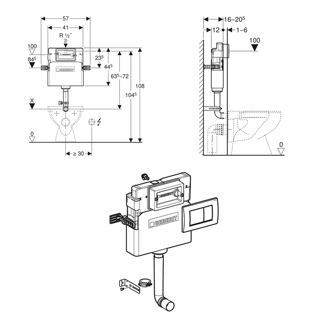 Geberit Alpha 12cm Concealed Cistern with Delta30 Flush Plate