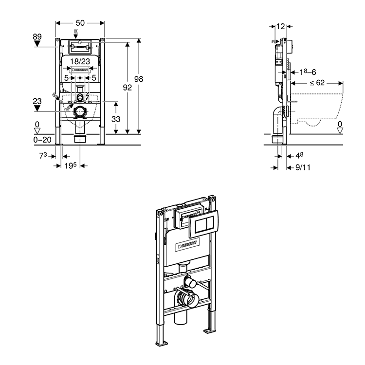 Geberit Duofix 980mm Frame & Delta Cistern with Delta30 Flush Plate
