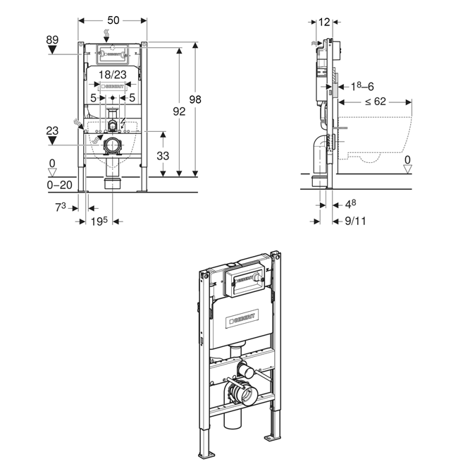 Geberit Duofix 980mm WC Frame with Delta 12cm Cistern