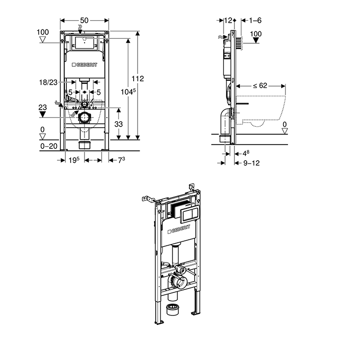Geberit Duofix Alpha 1120mm Frame & Cistern with Square Flush Plate technical drawing