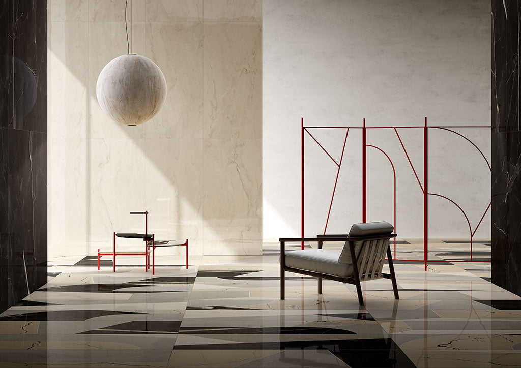 Fioranese Sound of Marbles Nero Fondo with Rosa Cipria and FIOmood Nero polished lifestyle