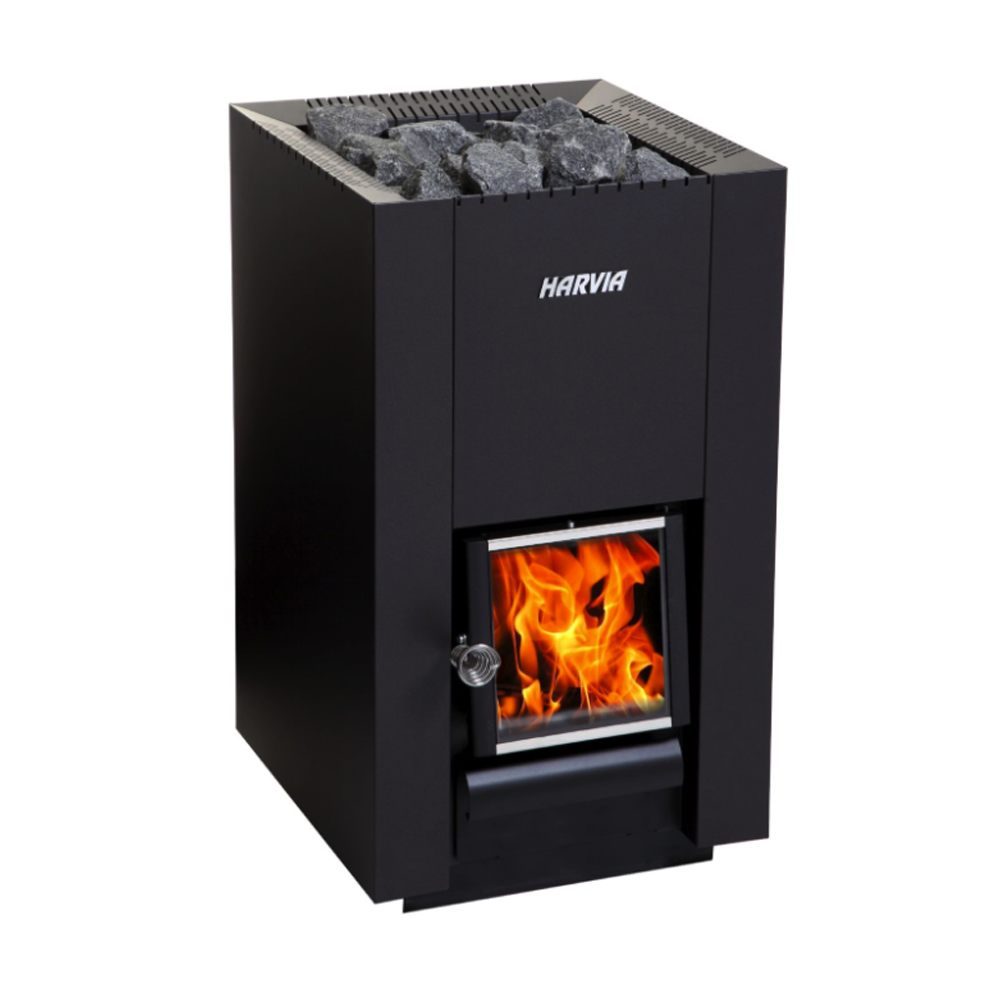 Black Harvia stove with visible flames and stones on a white background