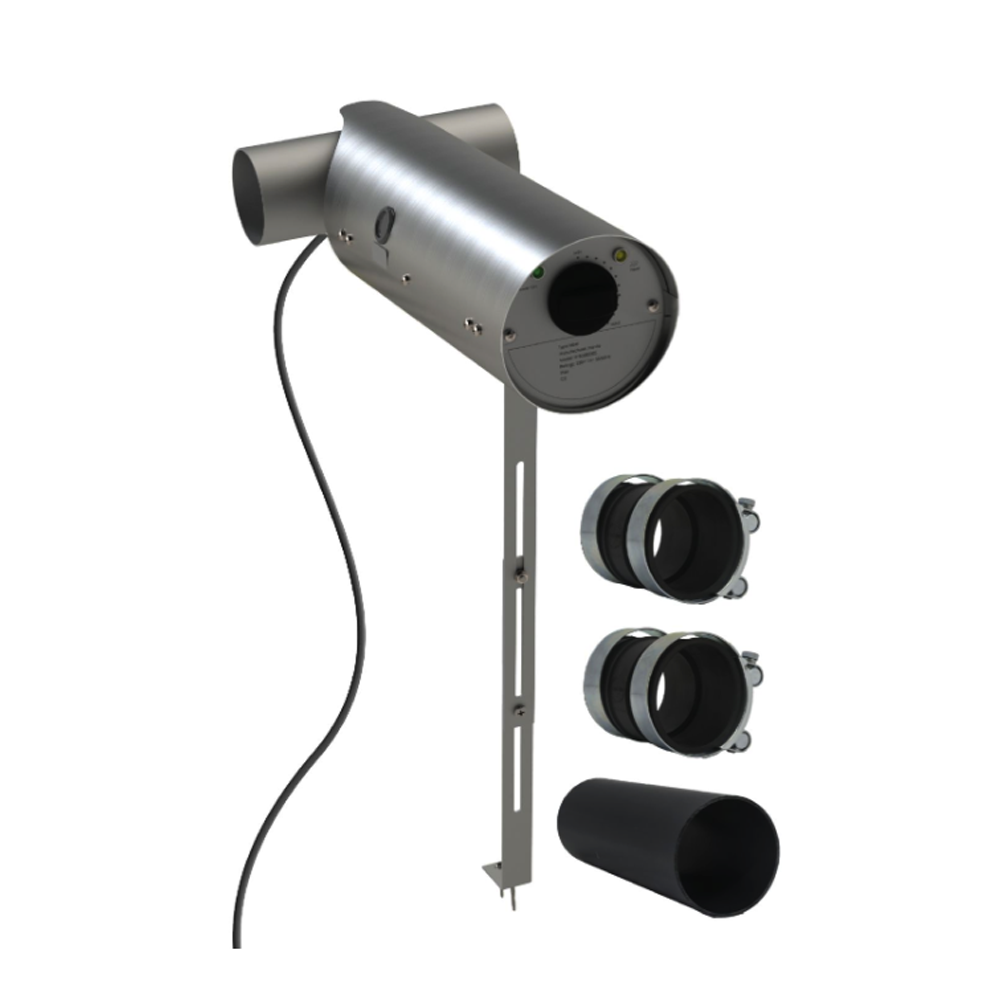 Metallic outdoor light fixture with attachments on a white background