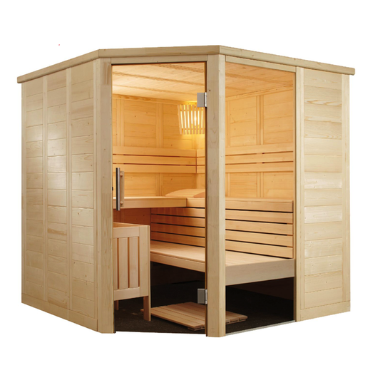 Wooden sauna with interior details on a white background