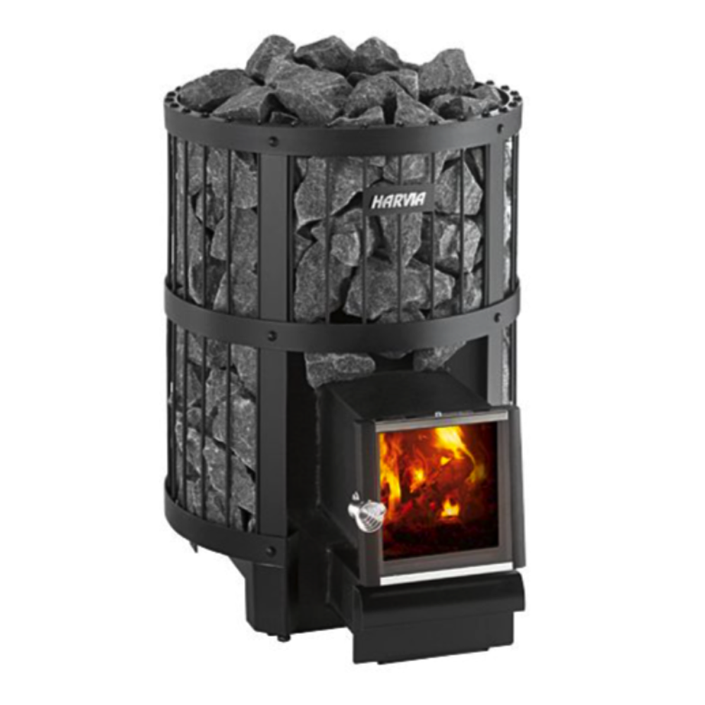 Black metal stove with glowing interior and stone-like exterior on a white background