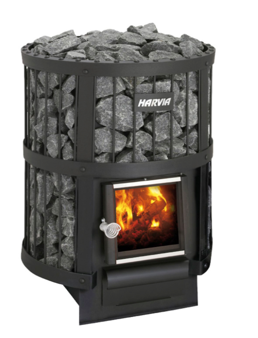 Wood-burning stove with glowing fire and Harvia branding on a white background