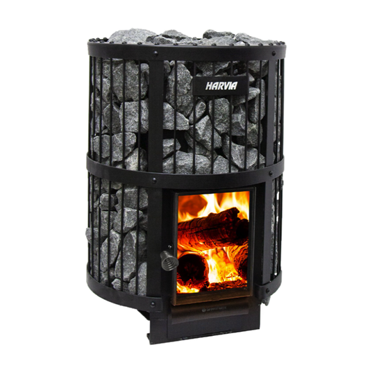 Wood-burning stove with visible fire and Harvia branding on a white background
