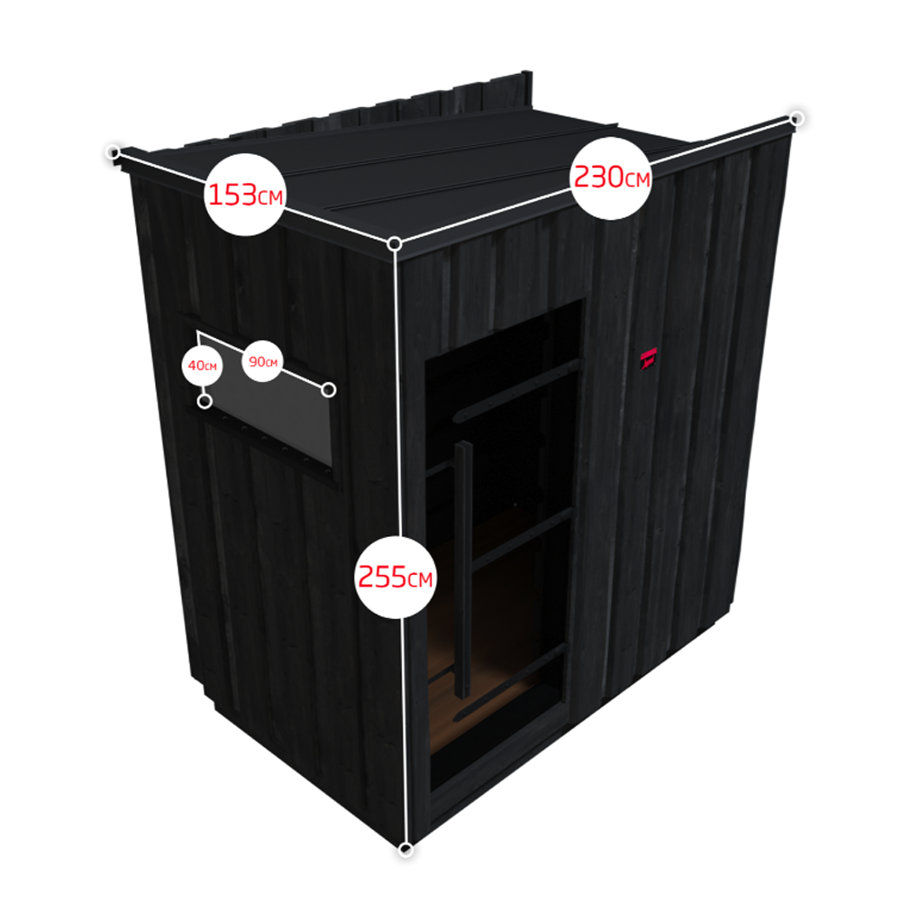 Black portable cabin with dimensions labeled on a white background