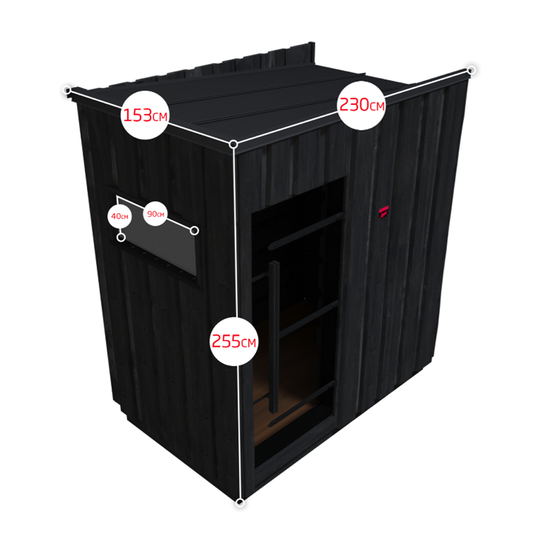 Black portable cabin with dimensions labeled on a white background