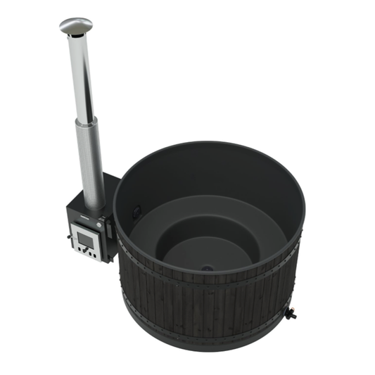 Black hot tub with handheld shower on a white background