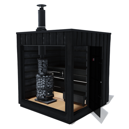 Black outdoor sauna with a stone-burning stove on a white background