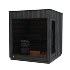 Black wooden dog house with a basket inside on a white background