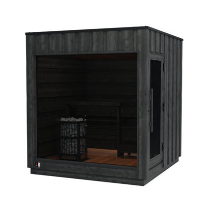 Black wooden dog house with a basket inside on a white background
