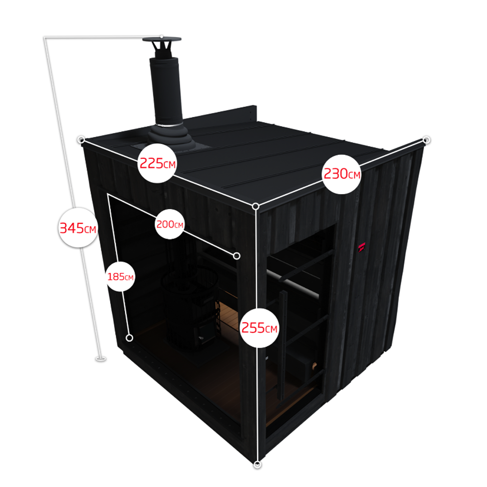 Black outdoor canopy tent with dimensions marked on a white background