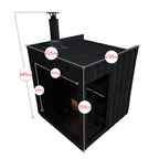 Black outdoor canopy tent with dimensions marked on a white background