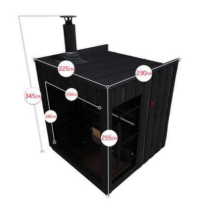 Black outdoor canopy tent with dimensions marked on a white background
