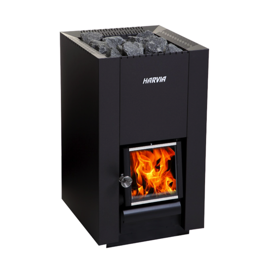 Black Harvia stove with visible flames on a white background