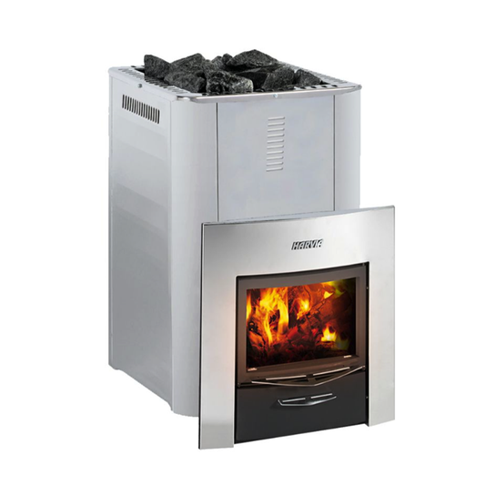 Stainless steel stove with glowing interior flames on a white background