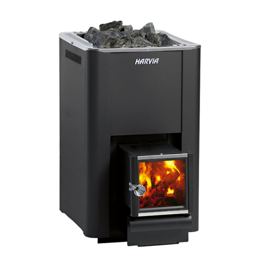 Black Harvia stove with visible fire and ash bed on a white background