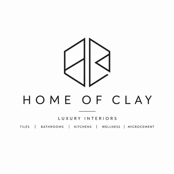 A minimalist black logo and text on a white background reading 'HOME OF CLAY' with 'LUXURY INTERIORS' and smaller categories 'TILES | BATHROOMS | KITCHENS | WELLNESS | MICROCEMENT'.