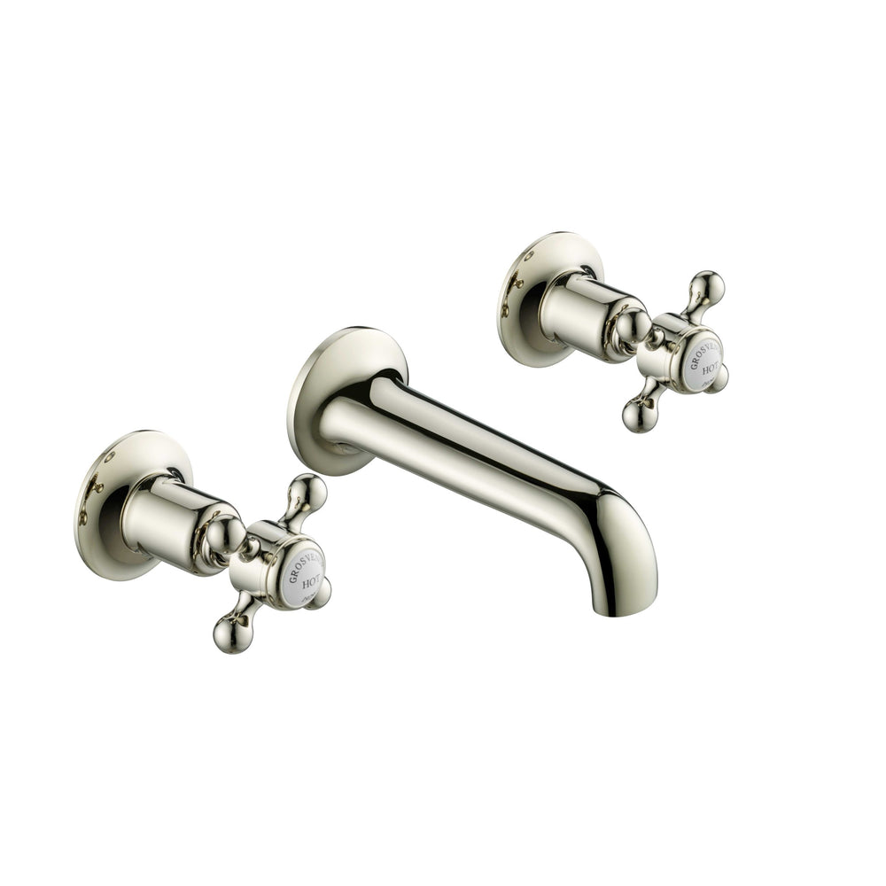 JTP Grosvenor Cross 3 Hole Wall Mounted Basin Mixer in Polished Nickel