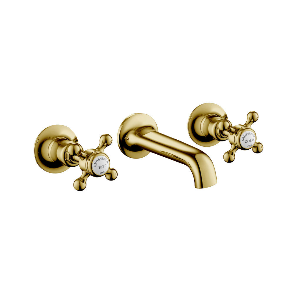 JTP Grosvenor Cross 3 Hole Wall Mounted Basin Mixer in Polished Gold