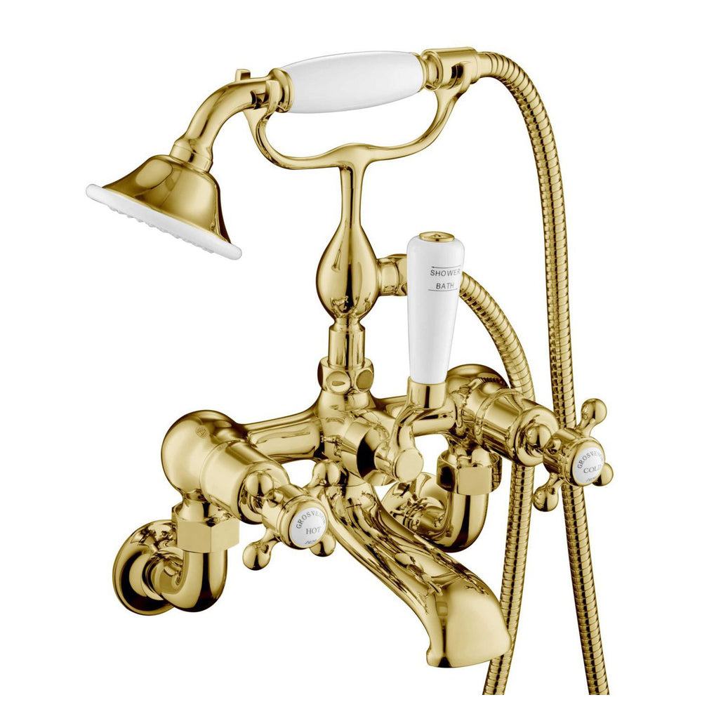 JTP Grosvenor Cross Bath Shower Mixer with Kit in Polished Gold