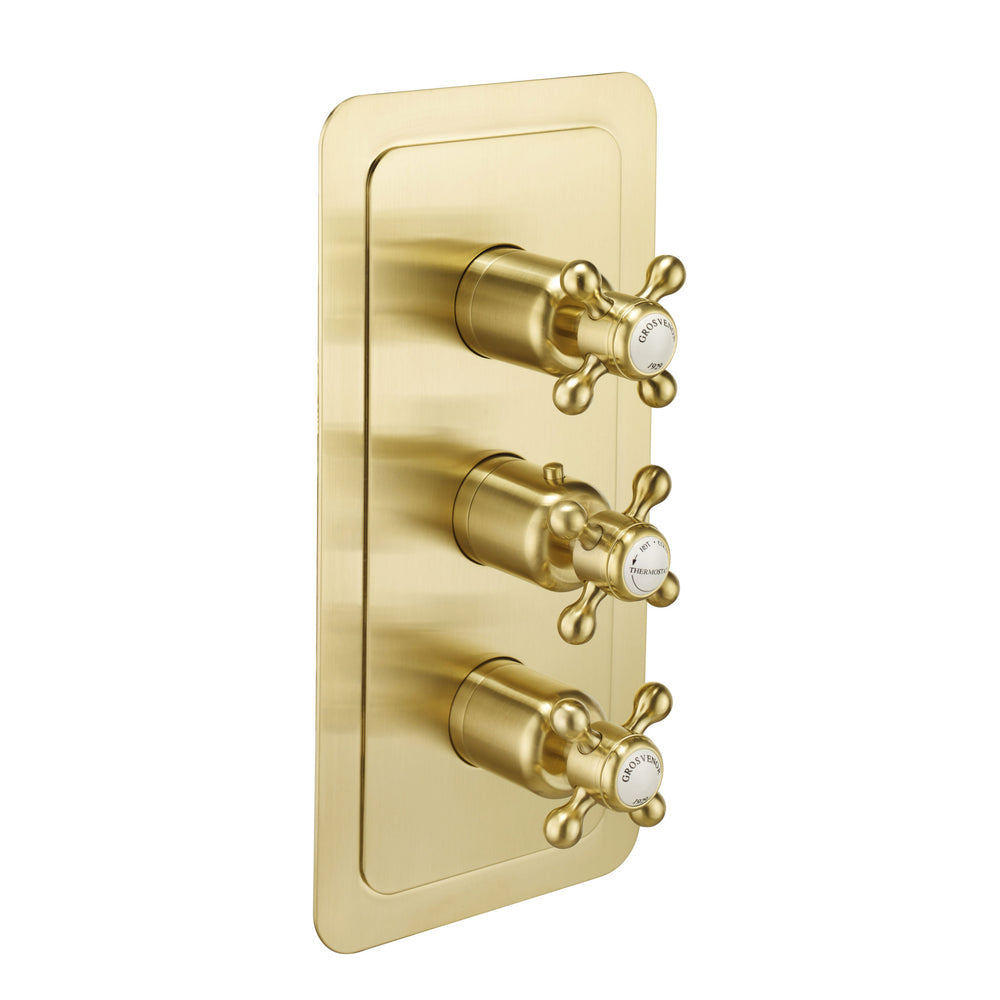JTP Grosvenor Cross Thermostatic Concealed 3 Outlet Shower Valve, Vertical in Brushed Brass