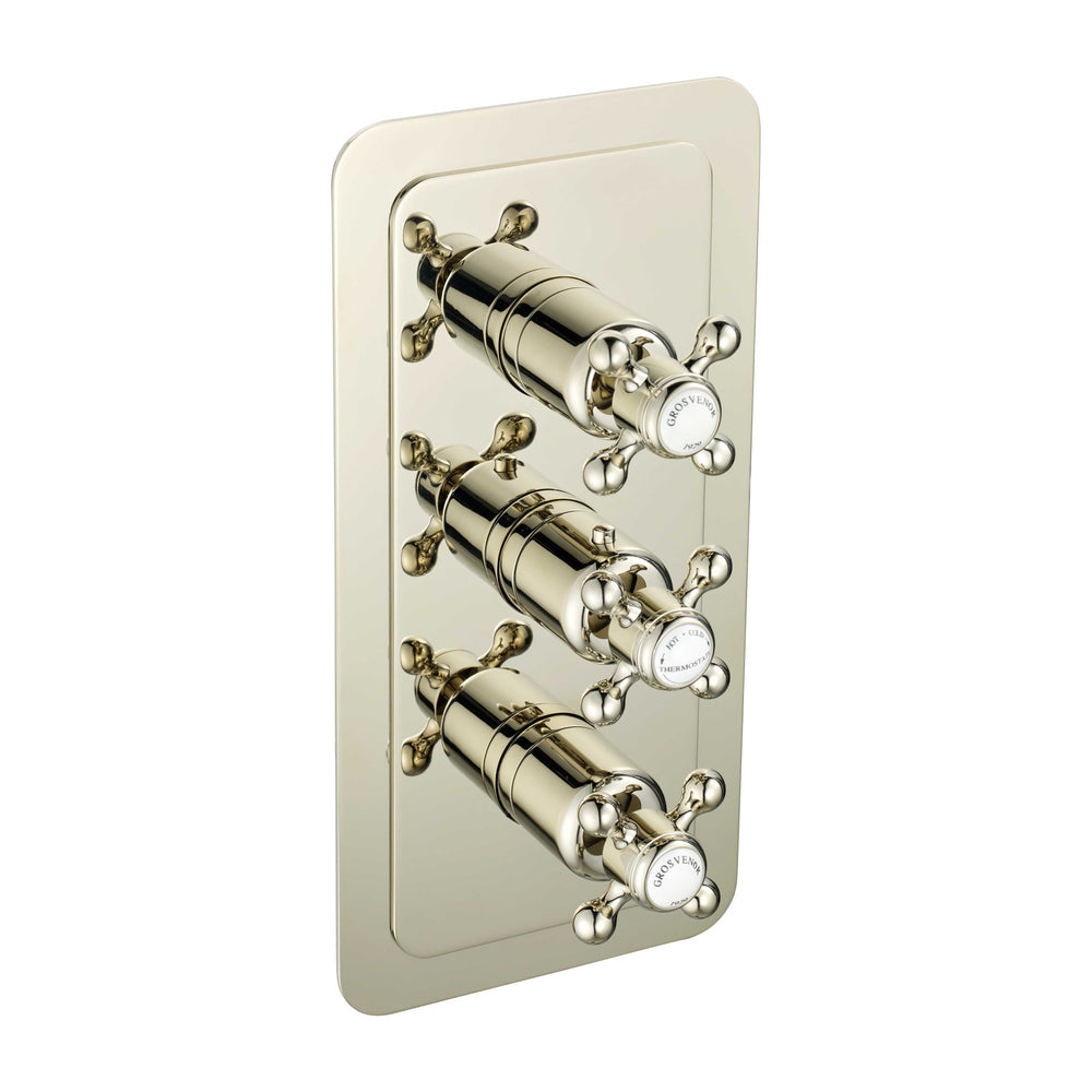 JTP Grosvenor Cross Thermostatic Concealed 3 Outlet Shower Valve, Vertical in Polished Nickel