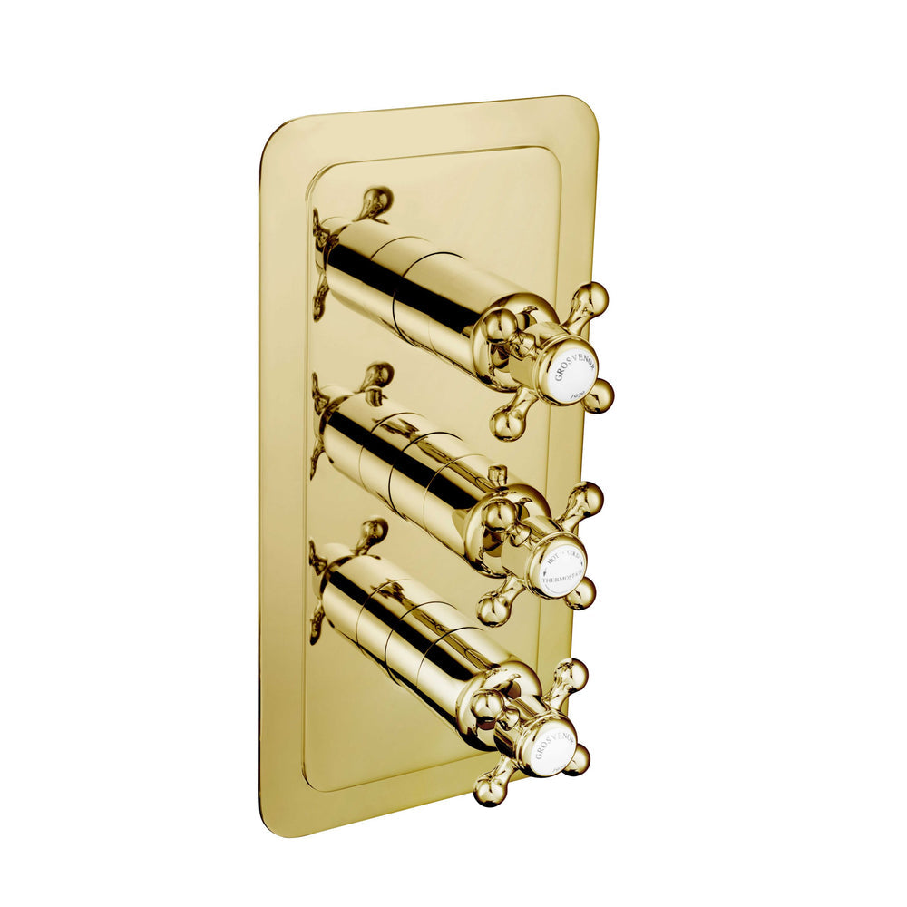 JTP Grosvenor Cross Thermostatic Concealed 3 Outlet Shower Valve, Vertical in Polished Gold