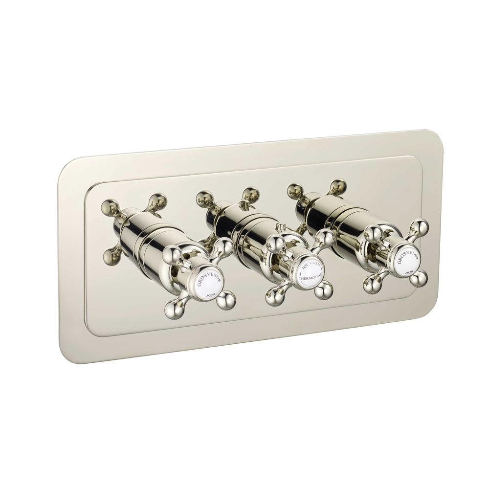 JTP Grosvenor Cross Thermostatic Concealed 2 Outlet Shower Valve, Horizontal in Polished Nickel