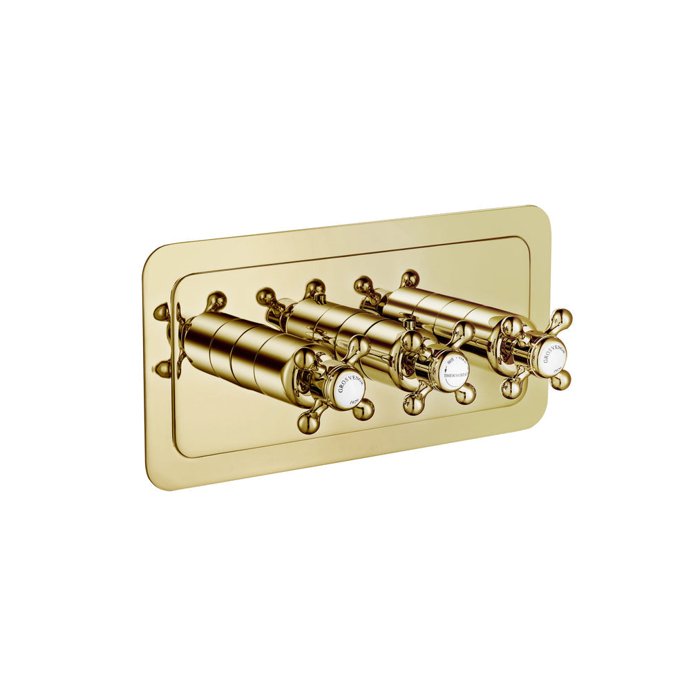 JTP Grosvenor Cross Thermostatic Concealed 2 Outlet Shower Valve, Horizontal in Polished Gold