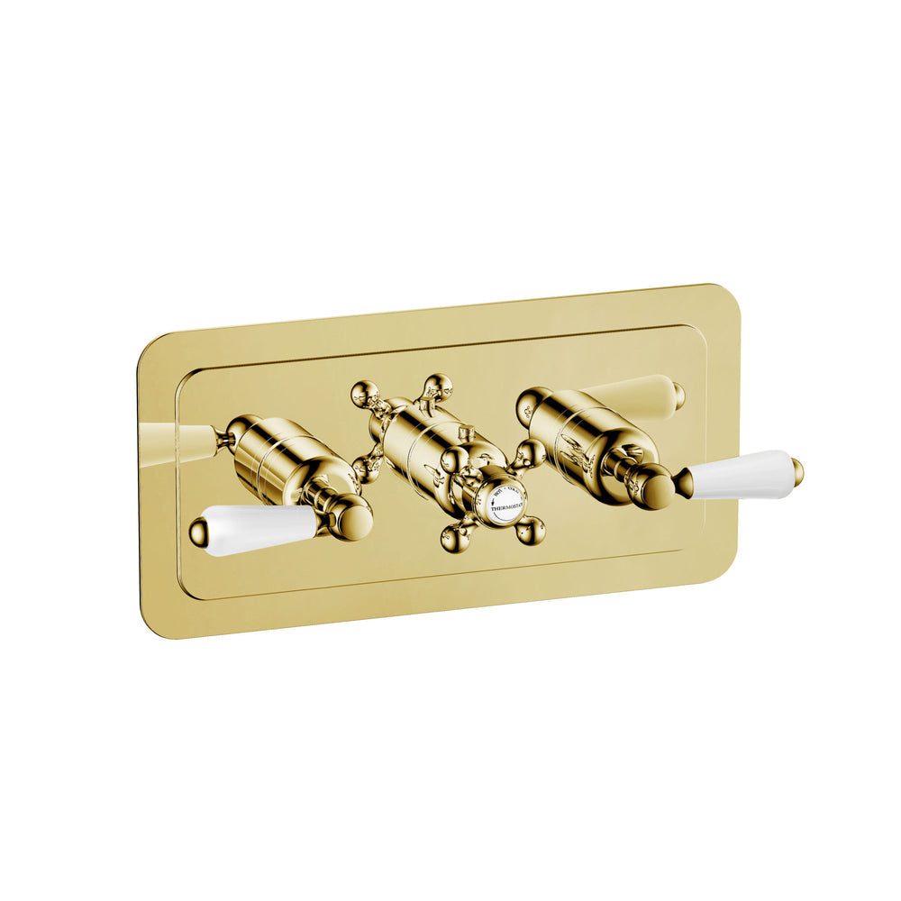 JTP Grosvenor Lever Thermostatic Concealed 2 Outlet Shower Valve, Horizontal in Polished Gold