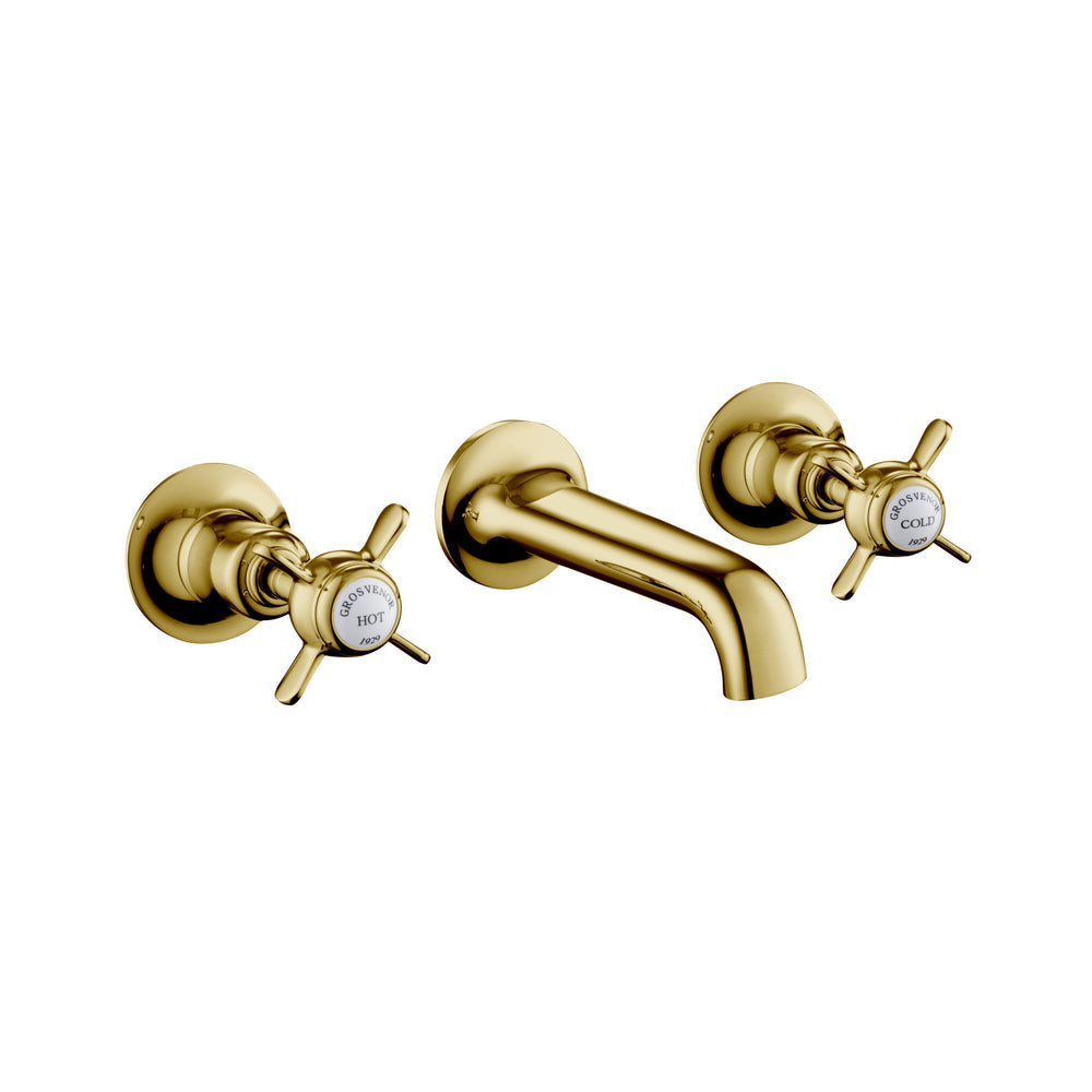JTP Grosvenor Pinch 3 Hole Wall Mounted Basin Mixer in Polished Gold