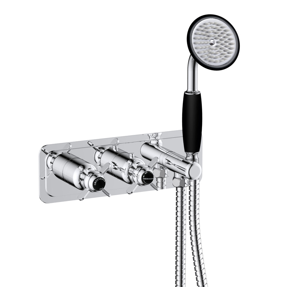 JTP Grosvenor Pinch Thermostatic Concealed 2 Outlet Valve with Handset Attachment in Chrome with Black Indices