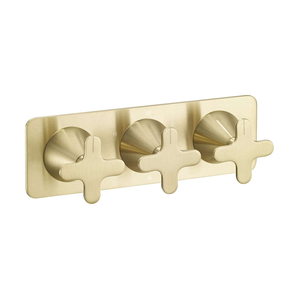 JTP KONO Thermostatic Concealed 3 Outlet Shower Valve, Horizontal in Brushed Brass