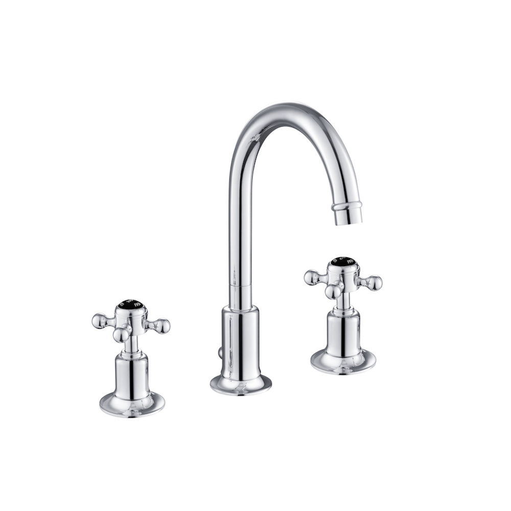 JTP Grosvenor Cross 3 Hole Basin Mixer with Swivel Spout and Pop Up Waste in Chrome with Black Indices