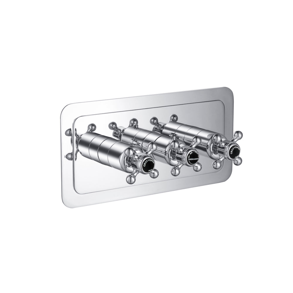 JTP Grosvenor Cross Thermostatic Concealed 2 Outlet Shower Valve, Horizontal in Chrome with Black Indices