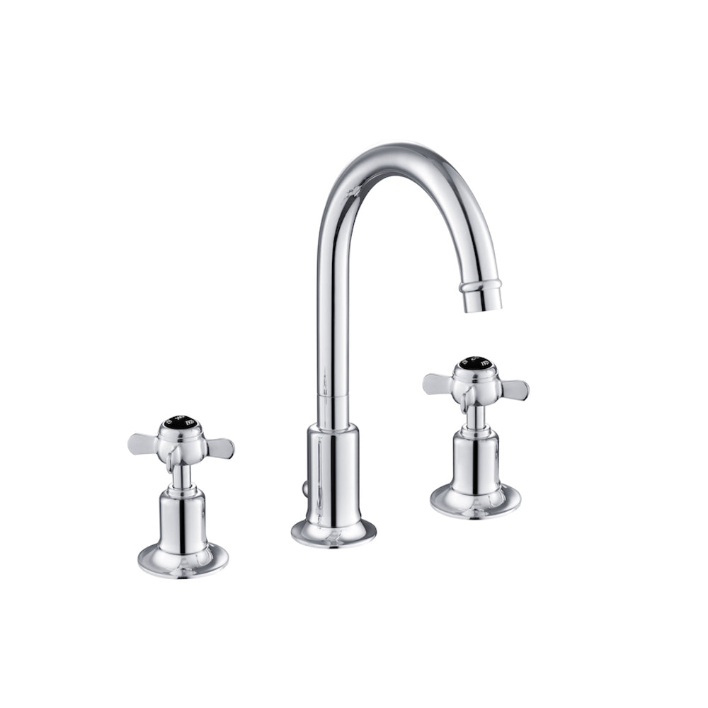 JTP Grosvenor Pinch 3 Hole Basin Mixer with Swivel Spout and Pop Up Waste in Chrome with Black Indices