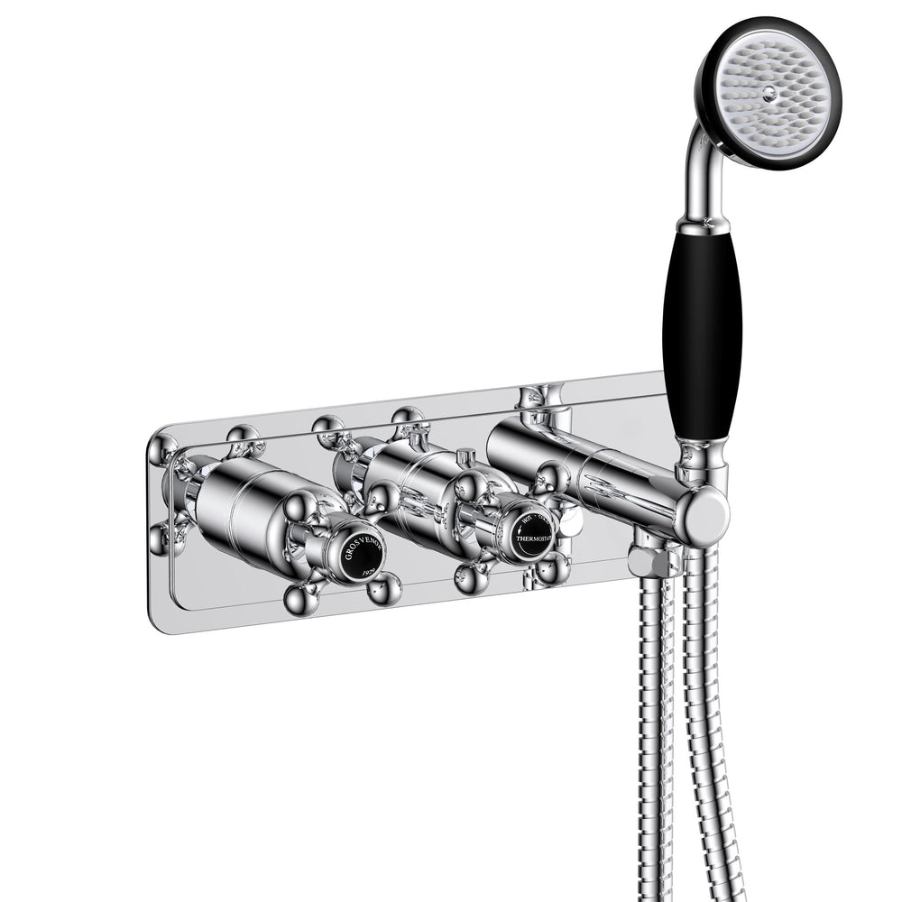 JTP Grosvenor Cross Thermostatic Concealed 2 Outlet Valve with Handset Attachment in Chrome with Black Indices