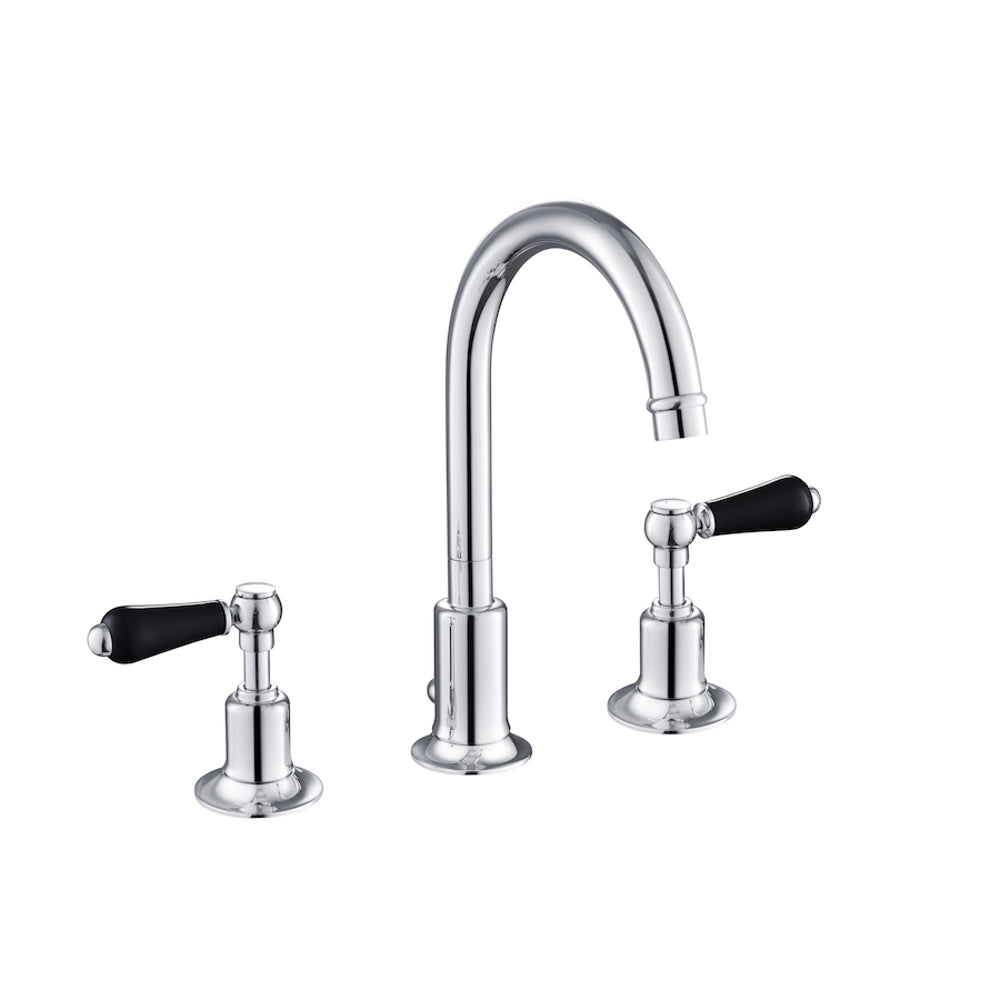 JTP Grosvenor Lever 3 Hole Basin Mixer with Swivel Spout and Pop Up Waste in Chrome with Black Lever
