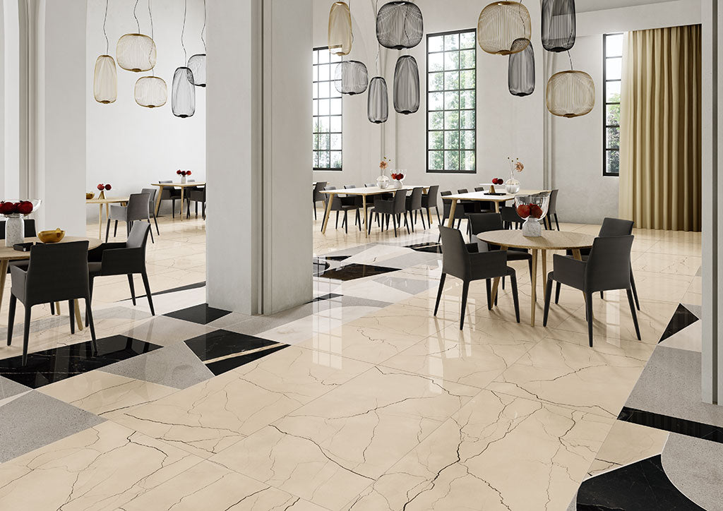 Fioranese Sound of Marbles Beige Antico 74x148 with FIOmood Nero lifestyle