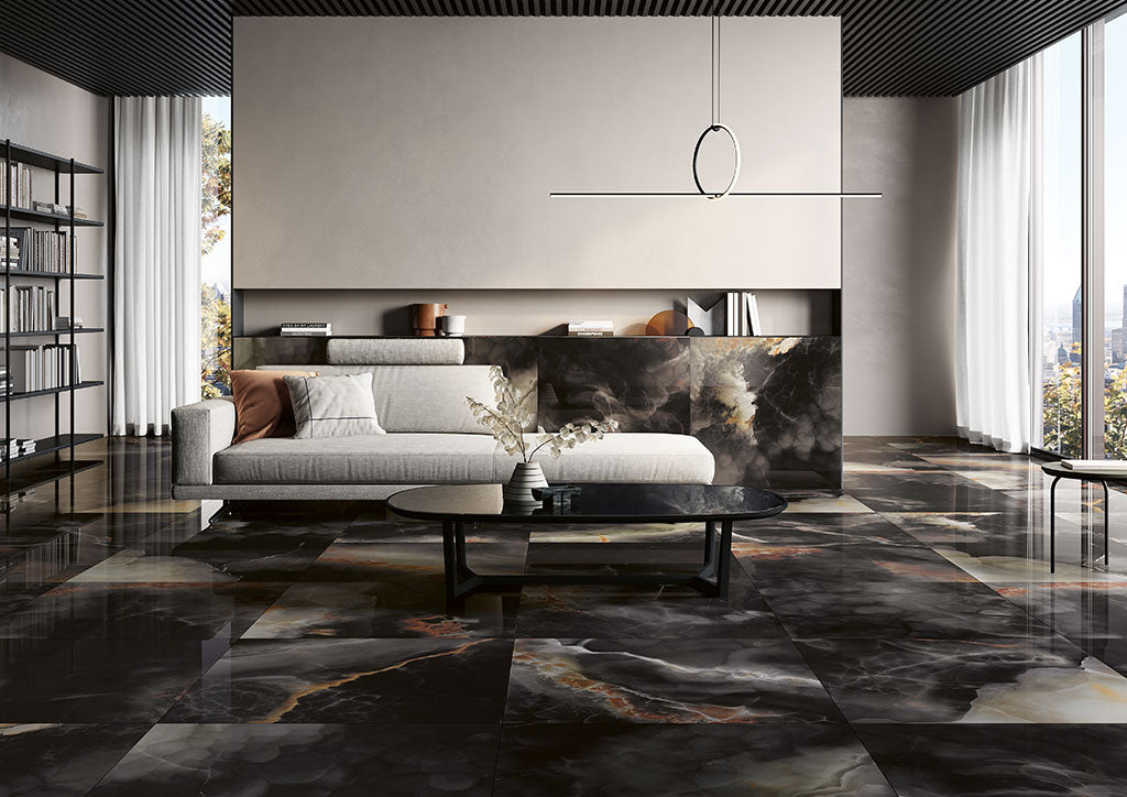 Fioranese Unica Deep Dark 89x89 polished floor lifestyle